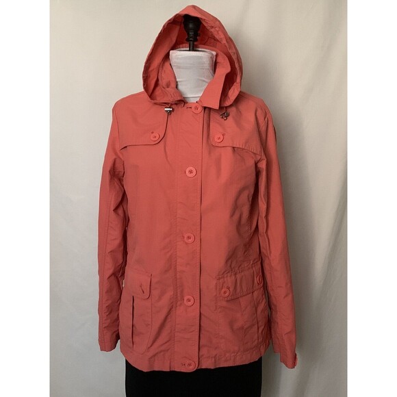Lands End Rain Jacket Womens Small Orange Detachable Hood Full Zip Nylon - Picture 2 of 8